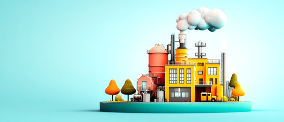 Colorful factory illustration with vibrant buildings, smokestacks, and trees against a light blue background, showcasing modern industrial design in a playful style.