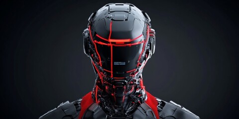 Poster - A black humanoid robot designed with glowing red LED lines, highlighting the intricate details and the evolving nature of technological aesthetics and engineering.