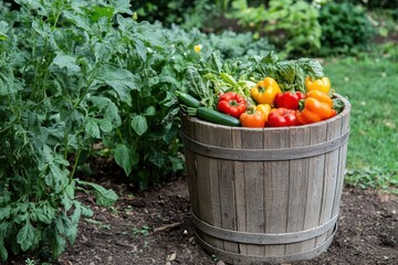 Poster - Freshly harvested vegetables, including bell peppers and leafy greens, fill a wooden bucket in a lovely rural garden. Generative AI