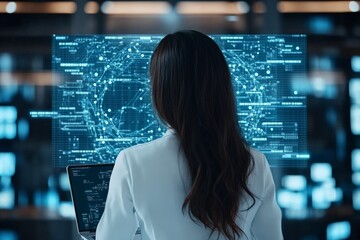 Poster - A woman engages with a projected holographic digital interface displaying complex data patterns, representing advanced technology and analytical capabilities in a futuristic context.