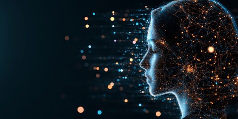 Poster - A conceptual digital illustration of a human-like face silhouette made of glowing nodes and lines, symbolizing connectivity and modern communication in a digital age.