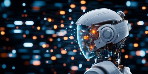 Poster - This image features a robotic entity with a glowing digital face and intricate wiring, highlighted in an abstract setting symbolizing advanced technological creations.