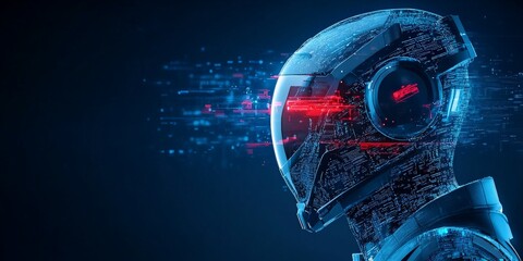 Poster - An advanced cybernetic helmet with digital components and red digital highlights is depicted, capturing the essence of future vision through technology and innovation.