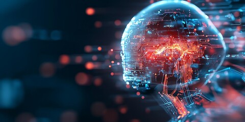 Poster - A digital illustration of a futuristic helmet design features glowing circuitry patterns that merge with the robotic form, embodying technological advancements in robotics.
