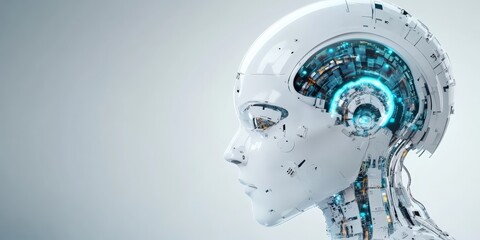 Poster - A detailed view of a futuristic robot head featuring glowing blue lights and intricate circuitry, symbolizing the advanced technology and innovation in modern robotics.