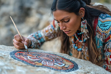 a Native American woman painting symbols on a rock, representing their culture.