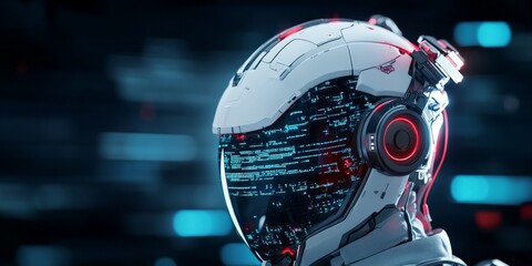 Poster - A futuristic robot with a visor exhibiting data overlays and red neon accents, representing advanced connectivity and the integration of digital interfaces.