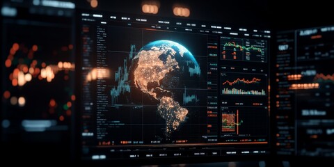 Poster - A digital representation of Earth surrounded by data graphs, showcasing global connectivity and real-time financial analytics on multiple screens.