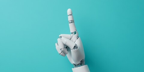 Poster - A robotic hand extends a finger against a minimalist teal background, symbolizing technological advancement and the fusion of AI and human interaction.