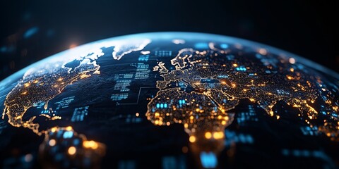 Poster - A futuristic digital map of the world with glowing data points and network connections, highlighting technological advancements and global information sharing.