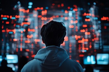 Poster - A person wearing a hoodie stands backs to viewer facing a digital cityscape of brightly lit screens, suggesting themes of technology and solitude.