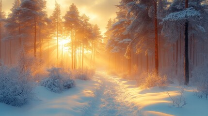 Aufkleber - A soft golden light spills through towering pine trees in a peaceful winter landscape, illuminating the fresh snow covering the ground, creating a serene ambiance.