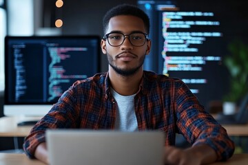 Poster - a confident individual in glasses works in front of several monitors loaded with lines of code, depi