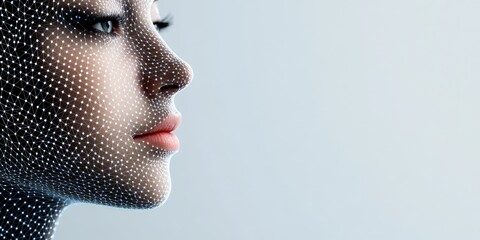 Poster - A close-up of a digital artistic face with a complex pattern overlay, blending human features with digital artistry, epitomizing creative tech expression.