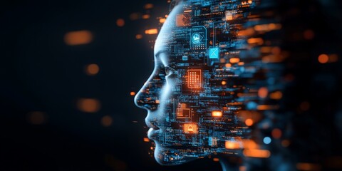 Poster - Radiant tech elements and digital structures fuse with a woman's profile, illustrating the seamless integration of modern technology and human form.