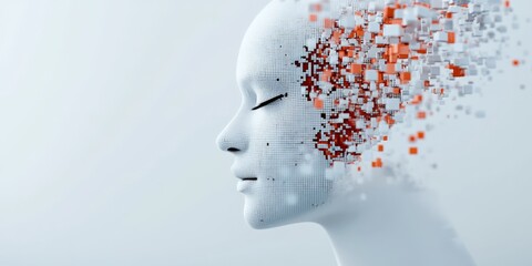 Poster - A digital face dissolving into a pattern of pixelated cubes, symbolizing fragmentation and transformation in the realm of digital creativity and modern aesthetics.