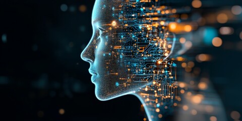 Poster - A digital face is depicted with bright blue and orange circuitry, illustrating advanced artificial intelligence and technological integration.