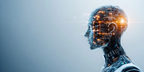 Poster - A futuristic profile view depicting a human head integrated with illuminated circuit board design, representing advancement and synergy of man and machine.