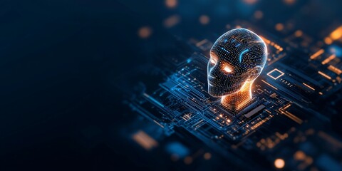 Poster - a digital head surrounded by intricate circuit patterns, illuminated in blue and orange, symbolizing