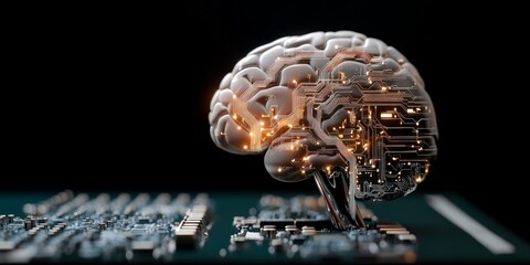 Poster - This image merges a brain with a circuit board, representing the convergence of biology and technology, symbolizing the future of human-machine interaction and intelligence.