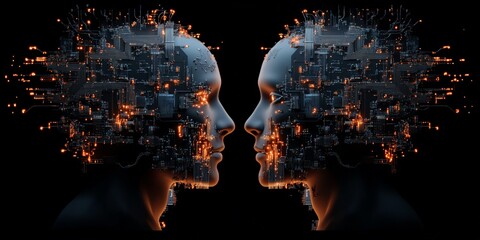 Poster - A symmetrical composition featuring two facing digital faces with complex circuitry, representing duality, connection, and technological communication.