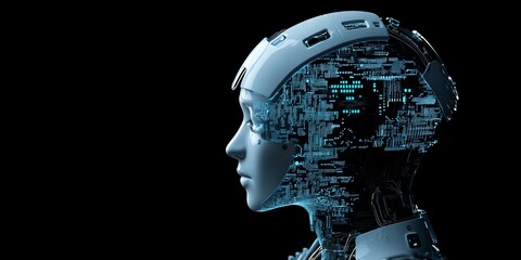 Poster - A sleek and advanced robot's profile reveals complex circuitry and glowing elements, reflecting the art and precision of futuristic artificial intelligence and robotics.