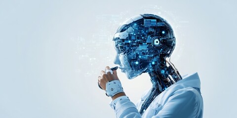 Poster - A futuristic robot resembling a human, deep in thought, highlighting AI's evolution and the blending of human-like consciousness within mechanical forms and systems.