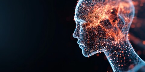 Poster - An abstract representation of a human head made of converging and intersecting orange points of light, illustrating an interconnected neural network structure.