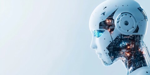 Poster - A futuristic robot with a sleek white exterior and visible internal circuit connections, set against a clean light-gray background, showcasing advanced technology.