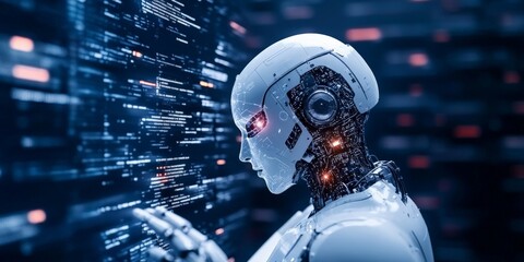 Poster - A high-tech robot interacting with a digital screen displaying lines of code, showcasing a sleek and modern design in a technologically advanced environment.