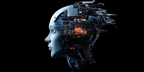 Poster - A side profile of a cybernetic head with intricately wired digital circuits, representing the melding of human-inspired design with digital technology.