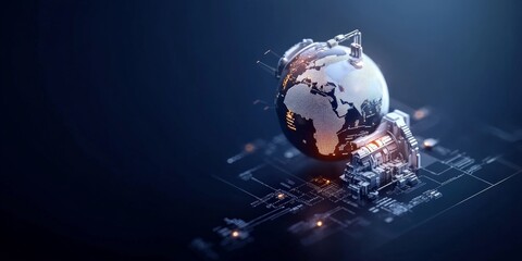Poster - A futuristic digital gear globe set on circuits, showcasing the interconnected nature of modern global technology and its worldwide influence.