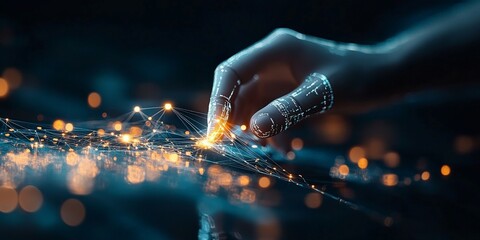 Poster - A digital hand interacts with glowing patterns, representing the connection between technology and humanity in a futuristic design, emphasizing innovation and progress.