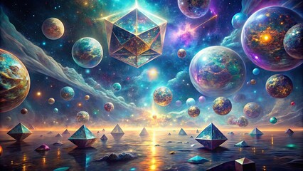 Wall Mural - A celestial tapestry of shimmering orbs and geometric structures floating amidst swirling nebulae, reflecting in a vast, tranquil water expanse.