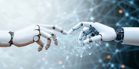Poster - Two robotic hands connect amid a web of digital lines, portraying the fusion of technology and connection in an interconnected digital universe.