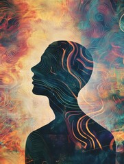 Aufkleber - A silhouette of a person stands out against a vibrant abstract background, evoking introspection and the exploration of inner feelings. Generative AI