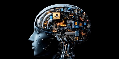 Poster - A digital representation of a brain intertwined with intricate circuits, depicting complex neural networks and the blend of biology and technology in modern neuroscience.