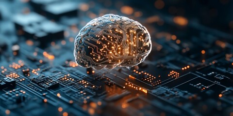 Poster - An illuminated digital brain floats over an electronic circuit board, symbolizing artificial intelligence and technological advancement in a futuristic concept.