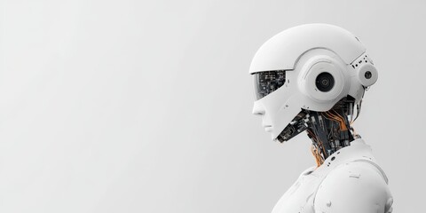 Poster - Profile view of a humanoid robot featuring detailed technological components, representing advancements in robotics and artificial intelligence integration.