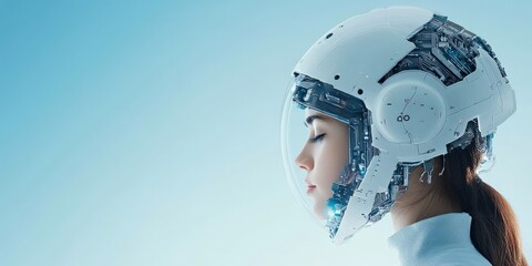Poster - A side profile of a woman wearing a highly advanced technological helmet, illustrating innovative design and a fusion of human and machine elements.