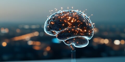 Poster - A digitally rendered brain glowing with synaptic lights, symbolizing advanced neural activity, technological progress, and innovative thought processes.