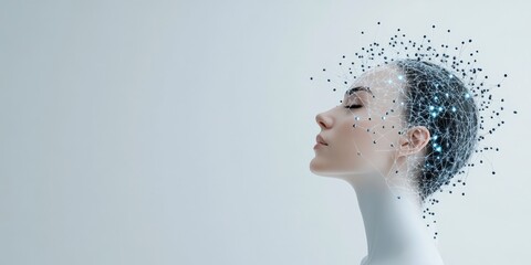 Poster - A serene human face features an abstract, interconnected neural network overlay, symbolizing thought, connectivity, and the intersection of humanity and technology.