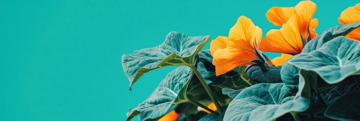 Poster - Bright yellow flowers emerge from lush green leaves, creating a striking visual display in a sunny garden environment. Generative AI
