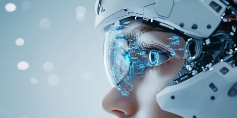 Poster - A detailed close-up of a cyborg female eye integrated with futuristic helmet technology, symbolizing the blend of human and machine in modern era art.