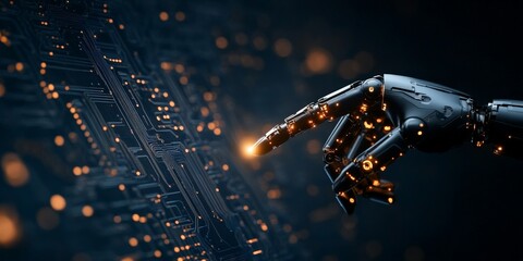 Poster - A robotic finger touches a brilliant futuristic interface, emphasizing cutting-edge technology integration, digital interactions, and innovative concepts in modern tech.