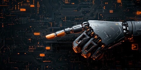 Poster - A robotic hand interacts with a digital interface, highlighting themes of connectivity, advanced technology, and the blend of human-machine interaction concepts.