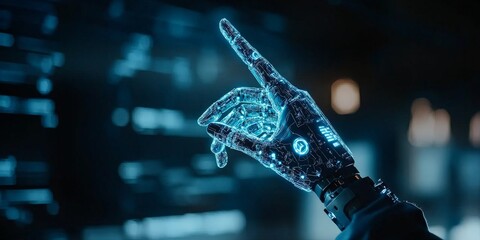 Poster - A robotic hand extending into a digital environment pointing forward, symbolizing the future of technology, advanced robotics, and artificial intelligence.