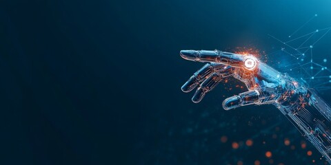 Poster - A futuristic robotic hand highlights digital connections and advanced technology, symbolizing innovation, interaction, and the convergence of technological pathways.