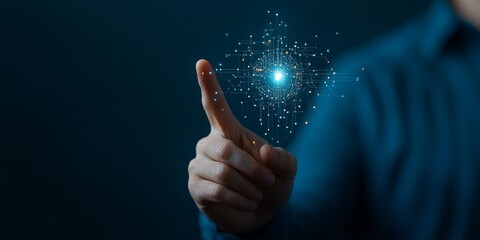 Poster - Depiction of a human finger interacting with a glowing digital icon, symbolizing connectivity and technological advancement in a modern context.