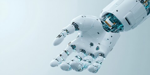 Poster - An image of a white robotic hand with an open palm, showcasing visible circuits and advanced technology, symbolizing the rise of modern robotic innovation.